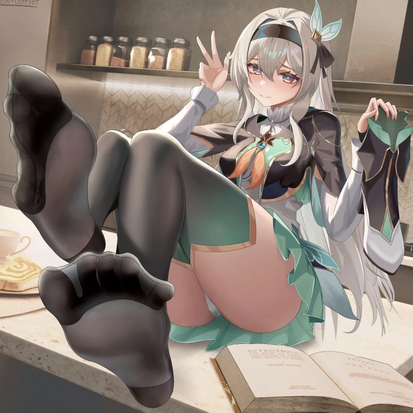 honkai: star rail, firefly (honkai: star rail), toast, ass, blush, book, cameltoe, closed mouth, coffee, feet, feet up, foot fetish, on desk, panties, shoes removed, soles, toes, worried