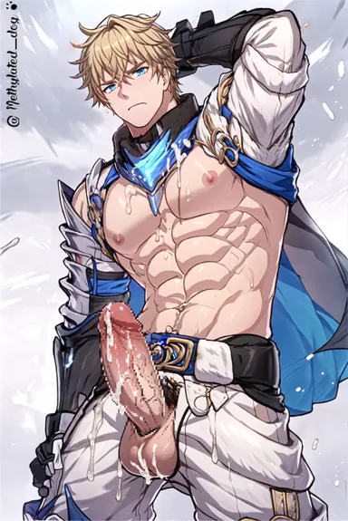 methylated dog, honkai (series), honkai: star rail, gepard (honkai: star rail), 1boy, abs, arm behind head, armor, armpit hair, armpits, arms up, balls, bara, biceps, big balls, big penis, blonde hair, blue eyes, blush, boots, cape, cum, cum drip, cum on body, erection, gay, gay male, large pectorals, male, male focus, male nipples, male only, male pubic hair, muscle, muscular, muscular male, nude, pecs, pectorals, penis, pubic hair, solo, solo male, sweat, testicles, ai generated, censored