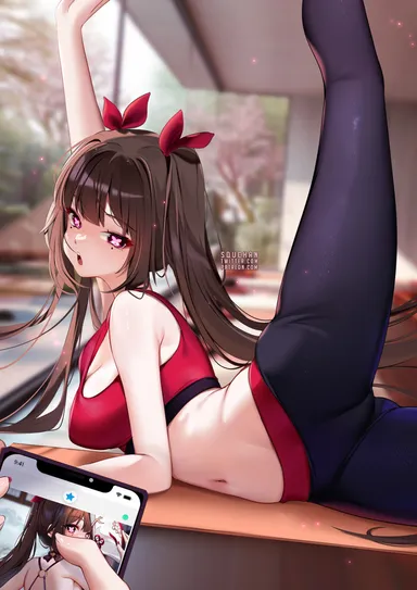 squchan, honkai (series), honkai: star rail, sparkle (honkai: star rail), 1girls, breasts, brown hair, female, flexible, light skin, light-skinned female, long hair, medium breasts, sports bra, sportswear, thighs, twintails, yoga pants