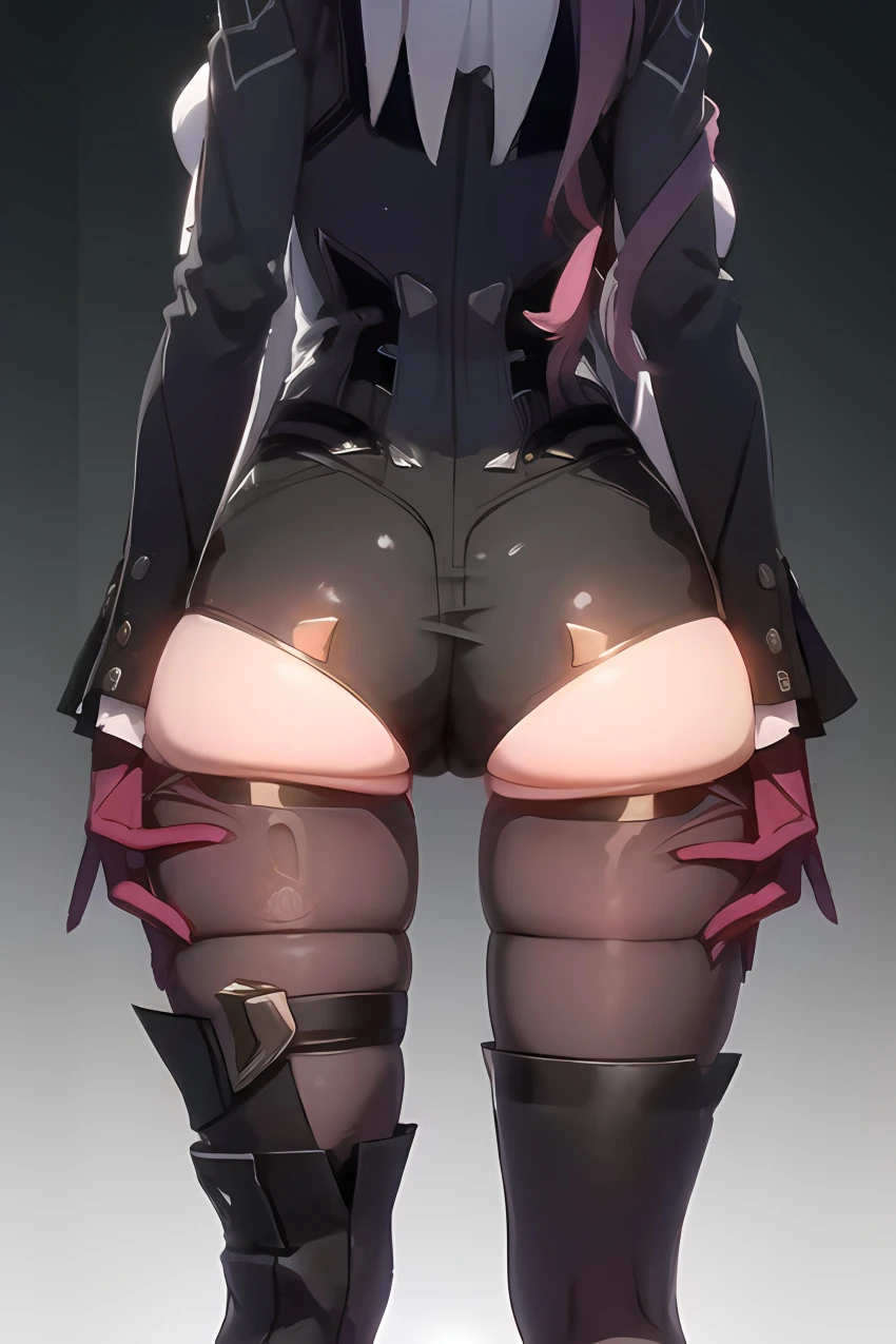 honkai: star rail, kafka (honkai: star rail), ass, ass focus, backboob, breasts, cameltoe, female, from behind, gloves, huge ass, leotard, long hair, purple hair, shiny, shiny clothes, shiny skin, short shorts, shorts, sideboob, solo, thick thighs, thighhighs, very long hair, ai generated