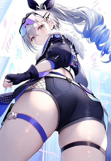 honkai: star rail, hoyoverse, silver wolf (honkai: star rail), 1girls, ass, ass focus, drill ponytail, female, fingerless gloves, from behind, fur trim, gloves, hairbow, jacket, long hair, looking at viewer, looking back, ponytail, shades, short shorts, silver eyes, silver hair, sunglasses, thick thighs, thigh strap, thighs, ai generated, hi res, highres