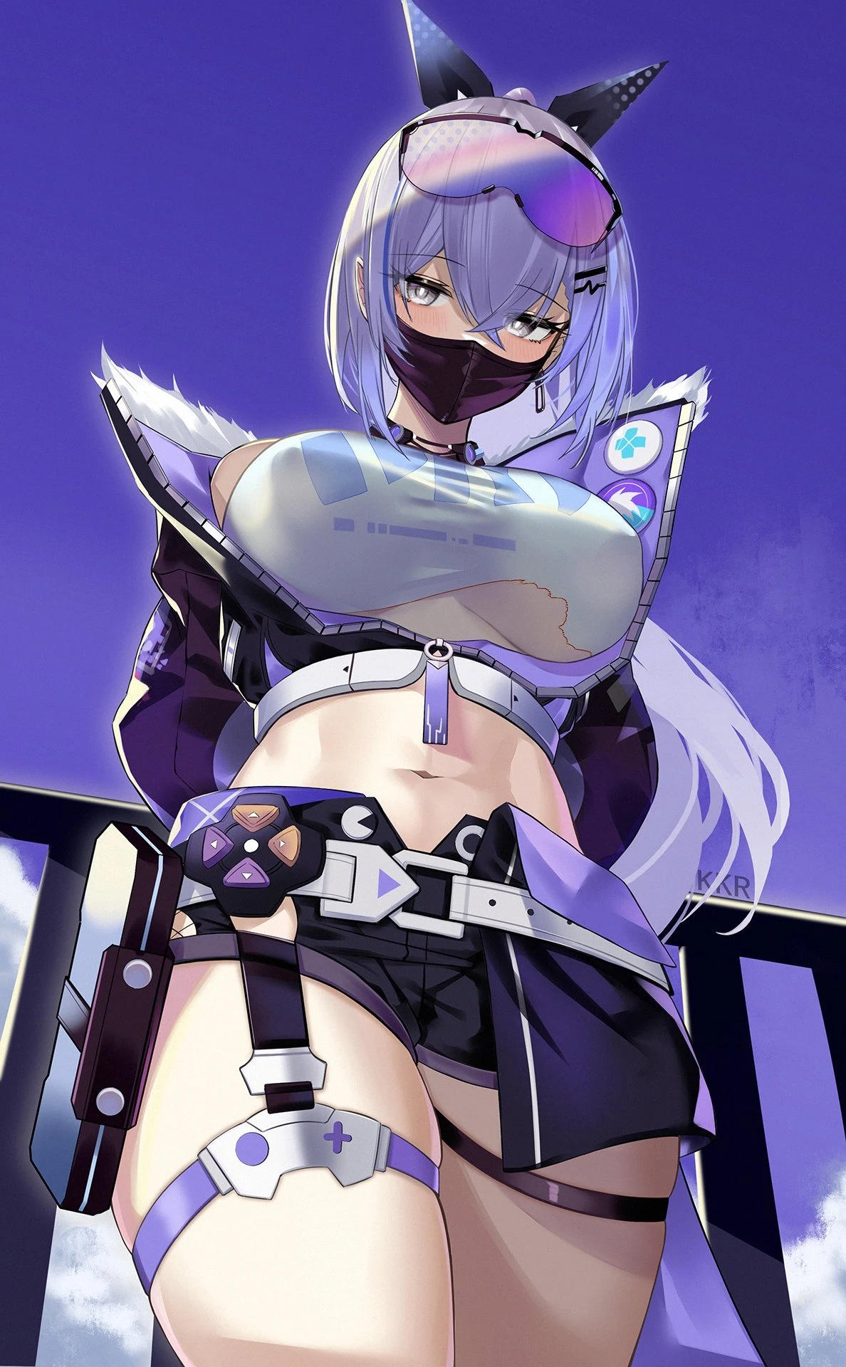 artist request, honkai (series), honkai: star rail, silver wolf (honkai: star rail), 1girls, crop top, face mask, female, female focus, female only, gamer girl, glasses, glasses on head, jacket, jacket open, large breasts, light skin, light-skinned female, long hair, looking at viewer, looking down, mask, masked, masked female, open jacket, ponytail, short jacket, silver hair, thick thighs, tight clothing, tagme, tagme (artist)