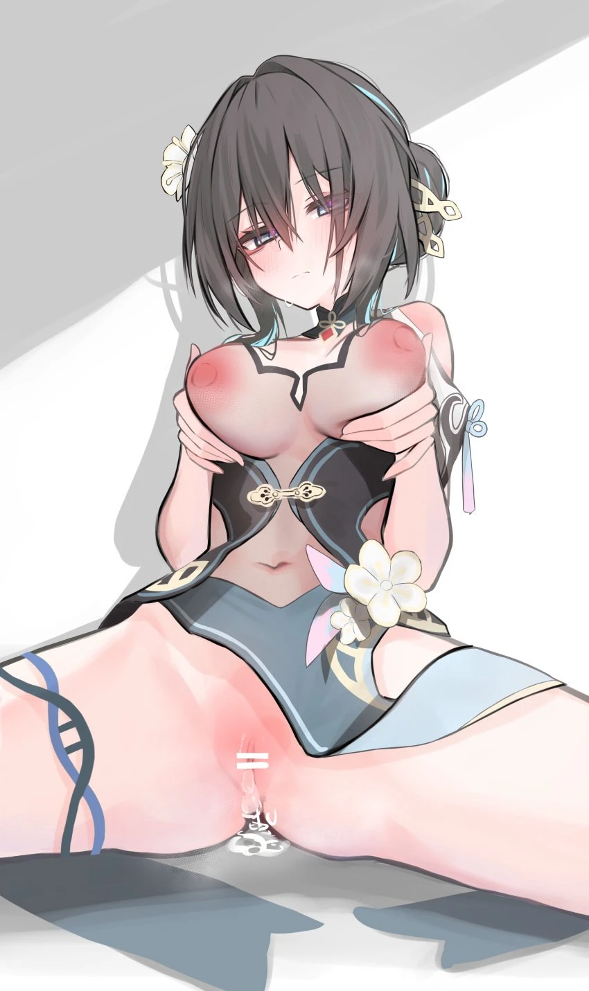 sajin (user pvrm4582), honkai (series), honkai: star rail, ruan mei (honkai: star rail), after sex, aqua eyes, black dress, black hair, blue dress, blue hair, blue ribbon, breasts, closed mouth, covered navel, covered nipples, cum, cumdrip, dress, dress flower, female, flower, grabbing own breast, hair between eyes, hair bun, hair flower, hair intakes, hair ornament, hair stick, half-closed eyes, large areolae, large breasts, leg ribbon, looking at viewer, medium hair, multicolored hair, nipples, pussy, reclining, ribbon, see-through, see-through dress, solo, spread legs, streaked hair, sweat, two-tone dress, two-tone hair, white flower, absurdres, bar censor, censored, commentary, highres