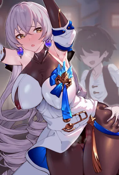 kanjy00u, honkai (series), honkai: star rail, bronya rand, against wall, armpits, ass, badge, big ass, big breasts, blush, breasts, drill hair, earrings, gray hair, grey hair, huge ass, huge breasts, large ass, large breasts, long gray hair, long hair, looking back, plump, plump ass, plump thighs, thighs, tights, white dress, tagme