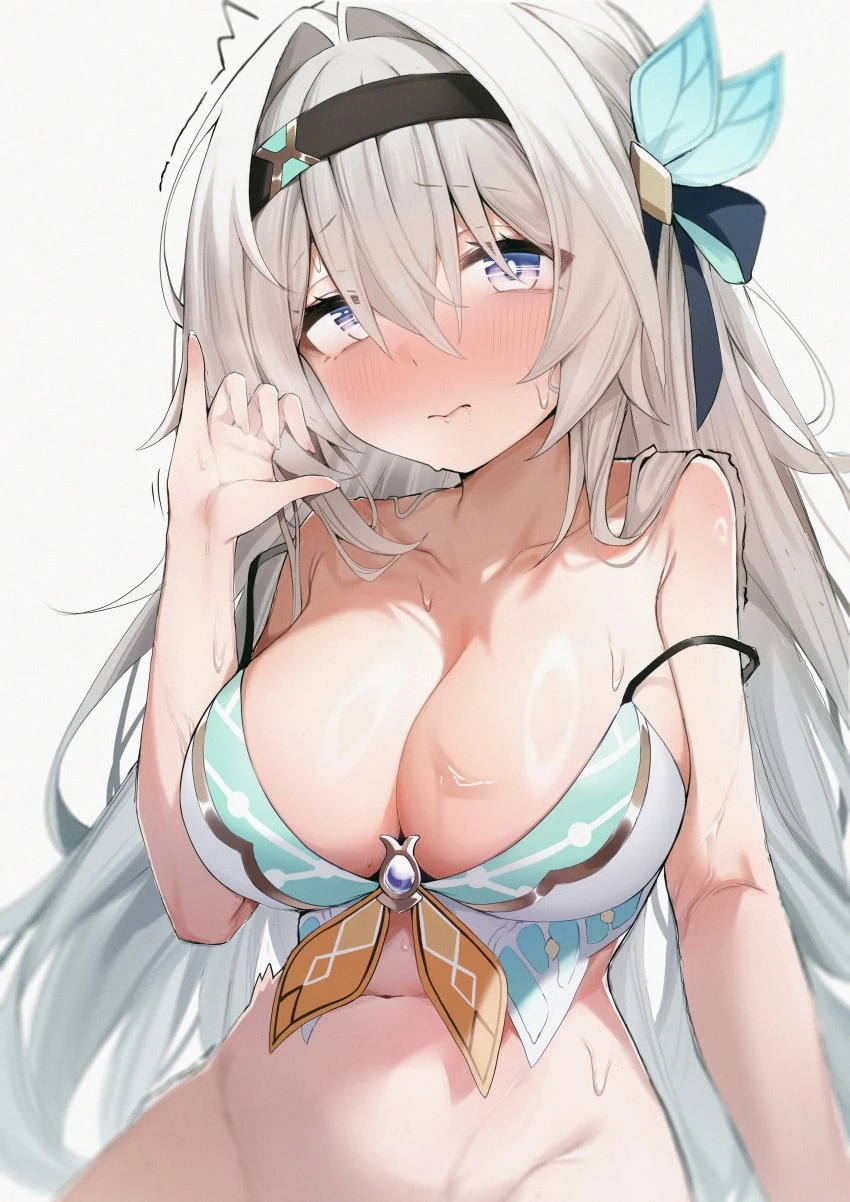 honkai (series), honkai: star rail, firefly (honkai: star rail), aroused, bare arms, bare shoulders, bikini, blush, breasts, cleavage, closed mouth, collarbone, female, full-face blush, furrowed brow, grey hair, hair between eyes, hairband, in heat, large breasts, light brown hair, long hair, looking at viewer, navel, orgasm, purple eyes, sidelocks, solo, sweatdrop, swimsuit, trembling, upper body, wendao, wet, white bikini, absurdres, highres