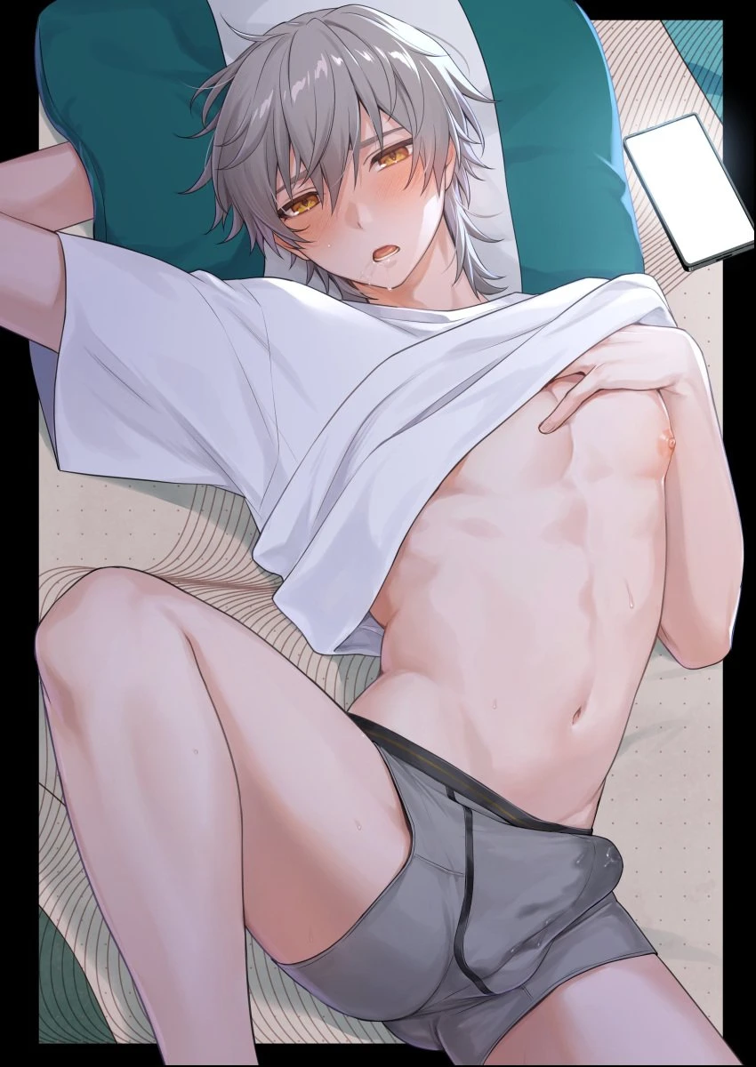 hachiten, honkai (series), honkai: star rail, caelus (honkai: star rail), trailblazer (honkai: star rail), 1boy, abs, bulge, cellphone, clothes lift, grey hair, grey male underwear, hair between eyes, looking at viewer, lying, male focus, male underwear, muscular, muscular male, navel, nipples, open mouth, phone, pillow, shirt, shirt lift, smartphone, solo, spread legs, stomach, underwear, white shirt, yellow eyes, absurdres, highres