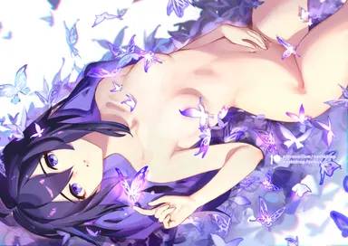 nashidrop, honkai: star rail, seele (honkai: star rail), blue hair, breasts, butterfly, naked, nude, nude female, purple eyes, purple hair, small breasts, censored, convenient censoring