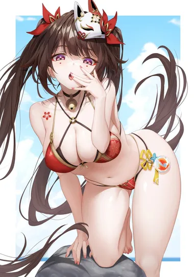 honkai: star rail, sparkle (honkai: star rail), 1girls, alternate breast size, beach, bell collar, bikini, climbing on, decoration, huge breasts, looking down, nail polish, naughty face, on rock, painted nails, painted toenails, red nails, red toenails, saliva, saliva trail, seductive, thick thighs, toenail polish, wide hips