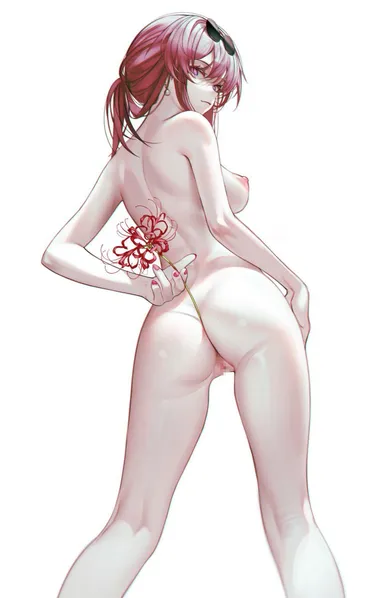 honkai: star rail, hoyoverse, mihoyo, kafka (honkai: star rail), 1girls, areola, areolae, ass, breasts, facing away, facing away from viewer, female, female only, flower, nipples, nude, nude female, nudity, pale skin, pale skinned female, ponytail, pose, posing, posing for the viewer, purple eyes, purple hair, pussy, solo, solo female, solo focus, sunglasses, sunglasses on head, tits out, white background, white skin, white skinned female, censored, censored pussy, digital art