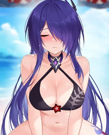 shrimp cake, honkai (series), honkai: star rail, acheron (honkai: star rail), alternate costume, bare shoulders, bikini, bikini top only, black bikini, black choker, blue sky, blurry, blush, bottomless, breasts, choker, cleavage, closed eyes, closed mouth, collarbone, day, earrings, facing viewer, female, hair ornament, hair over one eye, implied sex, jewelry, large breasts, leg tattoo, long hair, navel, out-of-frame censoring, outdoors, purple hair, sky, solo, stomach, straight-on, swimsuit, tattoo, very long hair, absurdres, blurry background, commentary, highres, symbol-only commentary