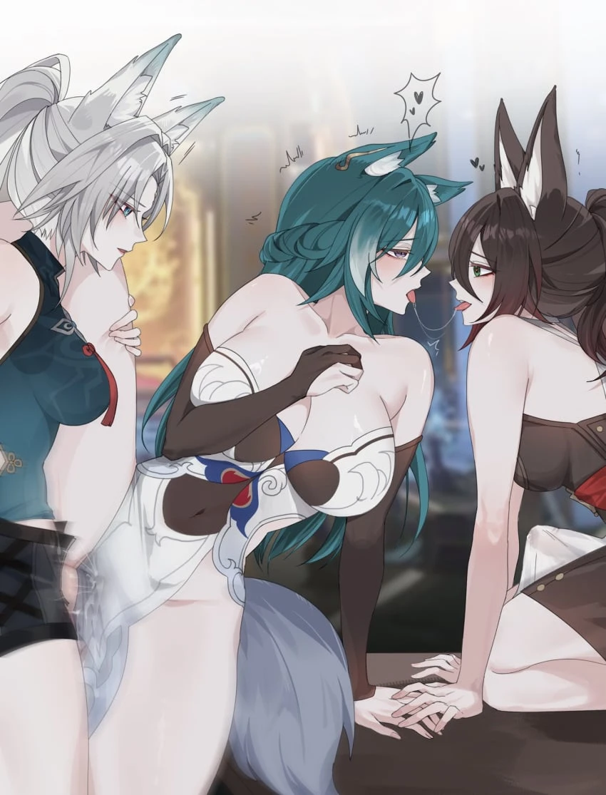 baconontheclock, honkai (series), honkai: star rail, hoyoverse, feixiao (honkai: star rail), tingyun (honkai: star rail), yukong (honkai: star rail), 1futa, 3girls, fox ears, sex, threesome, yuri, tagme