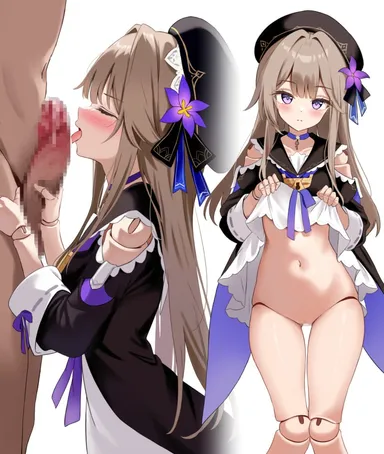 thalia, honkai (series), honkai: star rail, herta (honkai: star rail), 1boy, beret, black dress, black hat, blush, brown hair, choker, closed mouth, clothes lift, clothing cutout, doll joints, dress, dress lift, erection, fellatio, female, flower, hair flower, hair ornament, hat, joints, licking, licking penis, lifted by self, long hair, long sleeves, looking at viewer, multiple views, navel, open mouth, oral, penis, penis grab, purple choker, purple eyes, purple flower, shoulder cutout, simple background, solo focus, tongue, tongue out, white background, censored, highres, mosaic censoring