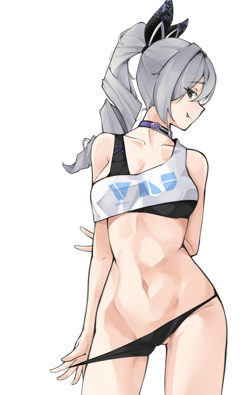 honkai: star rail, silver wolf (honkai: star rail), 1girls, black panties, female, grey hair, looking at viewer, tongue out