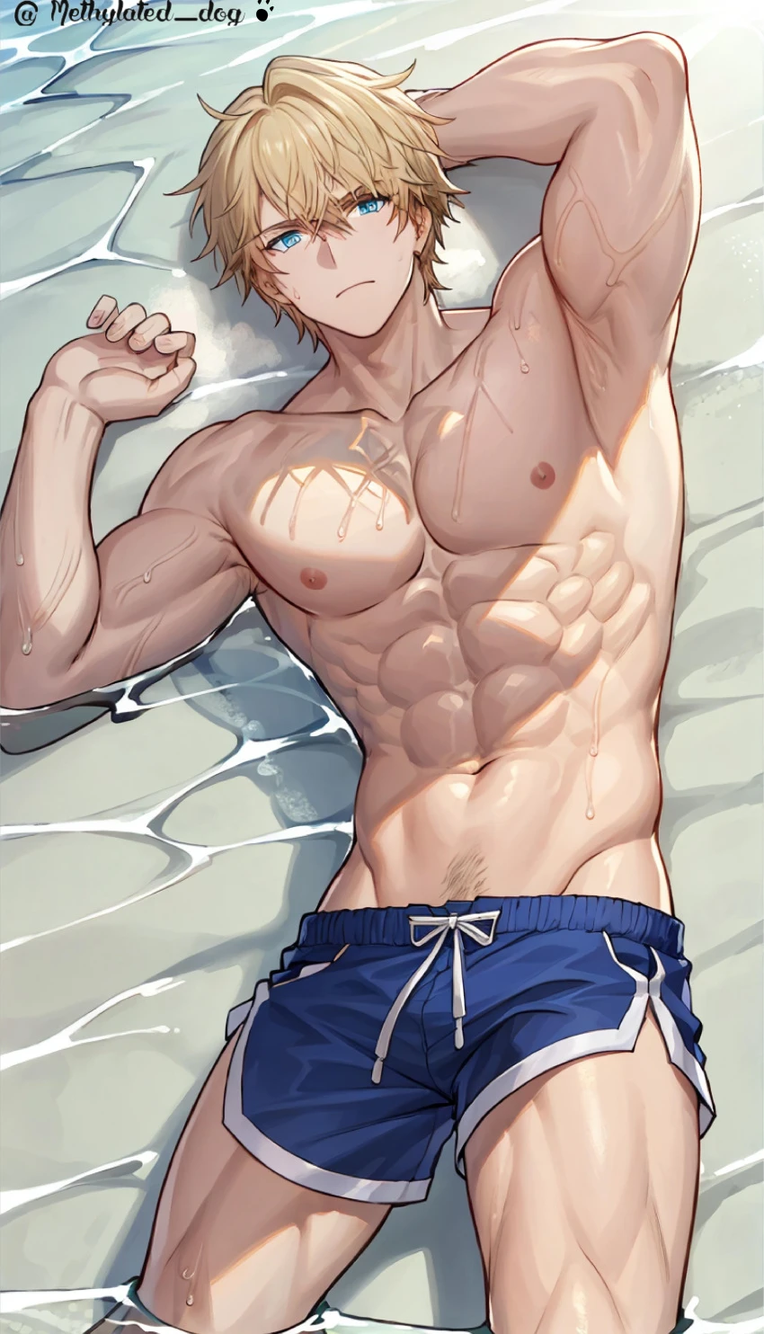 methylated dog, honkai (series), honkai: star rail, gepard (honkai: star rail), 1boy, abs, arm behind head, armpit hair, armpits, arms behind head, arms up, balls, bara, biceps, big balls, big penis, blonde hair, blue eyes, blush, collarbone, cum, erection, gay, gay male, large breasts, large pectorals, light skin, lying, male, male focus, male nipples, male only, male pubic hair, muscle, muscular, muscular legs, muscular male, muscular thighs, nude, pecs, pectorals, penis, pubic hair, shorts, solo, solo male, sweat, swimwear, testicles, triceps, water, wet, ai generated, censored