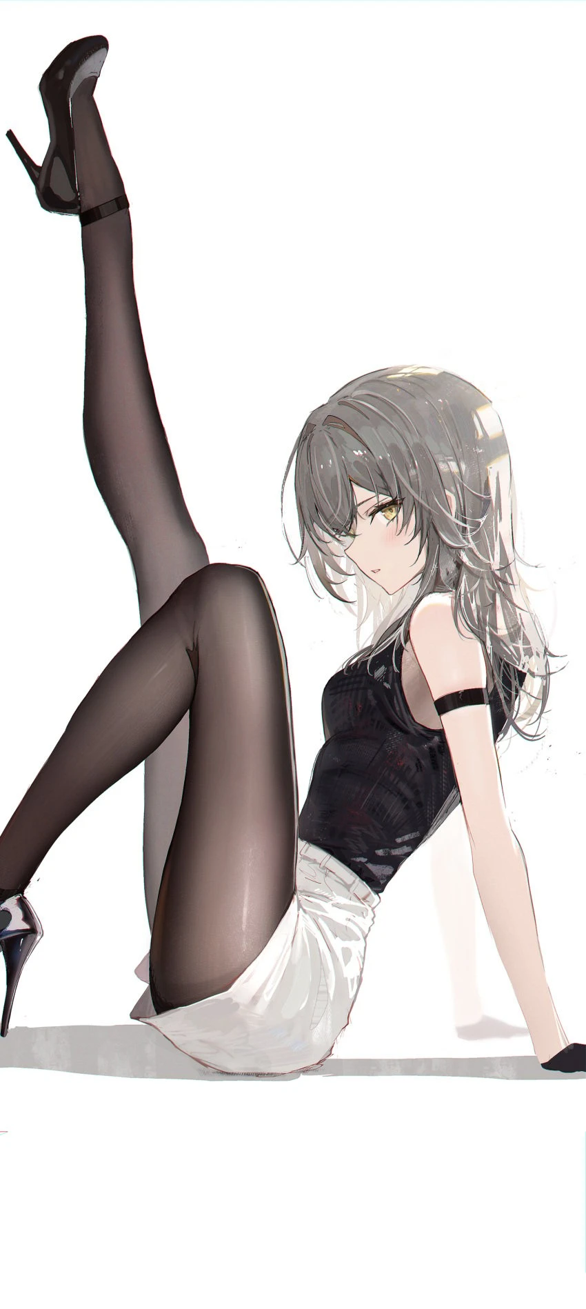 hidulume, honkai: star rail, stelle (honkai: star rail), 1girls, arm band, black pantyhose, clothed, gray hair, heels, high heels, non-nude, one leg raised, pantyhose, shorts, sleeveless shirt, white background, yellow eyes, 2d