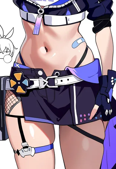 honkai: star rail, silver wolf (honkai: star rail), 1girls, bandaid, belly, belly button, breasts, female, gloves, midriff, skirt, solo, thigh band, tummy, ai generated