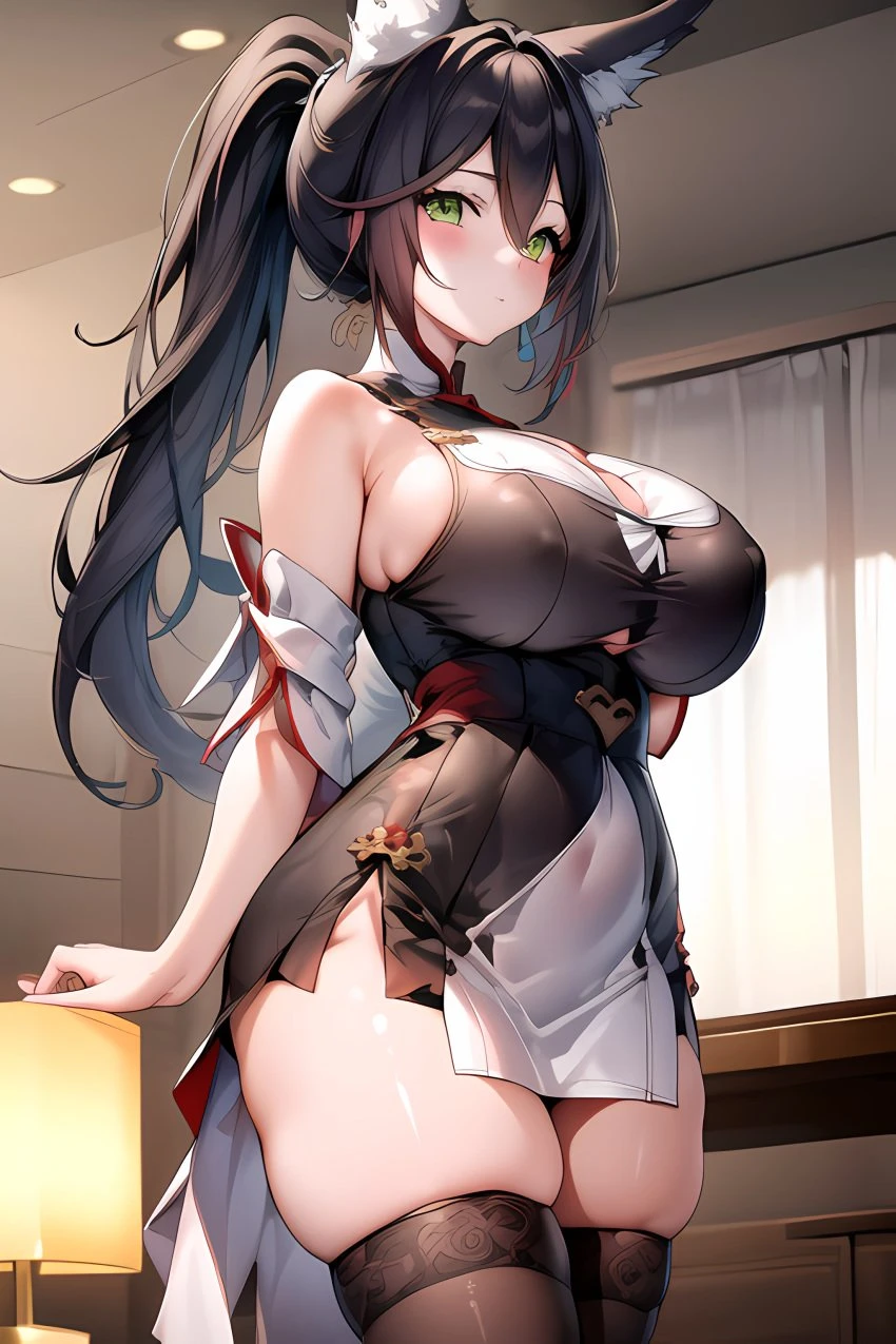 honkai: star rail, tingyun (honkai: star rail), big ass, big booty, big breasts, big butt, brown hair, chinese clothes, chinese dress, curvy, curvy figure, cute, cute face, dark hair, detailed background, fox, fox ears, fox tail, green eyes, looking at viewer, ponytail, sexy, sexy pose, smile, smiling, tail, thick thighs, ai generated, detailed, hi res, high resolution, highres