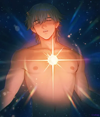 sombre slahc, honkai: star rail, caelus (honkai: star rail), 1boy, belly button, blush, closed eyes, completely naked, completely naked male, completely nude, completely nude male, eyes, gay, glowing, grey hair, male, male focus, male only, muscles, muscular male, naked, naked male, nipples, open mouth, short hair, solo, solo focus, solo male, yaoi, anime style