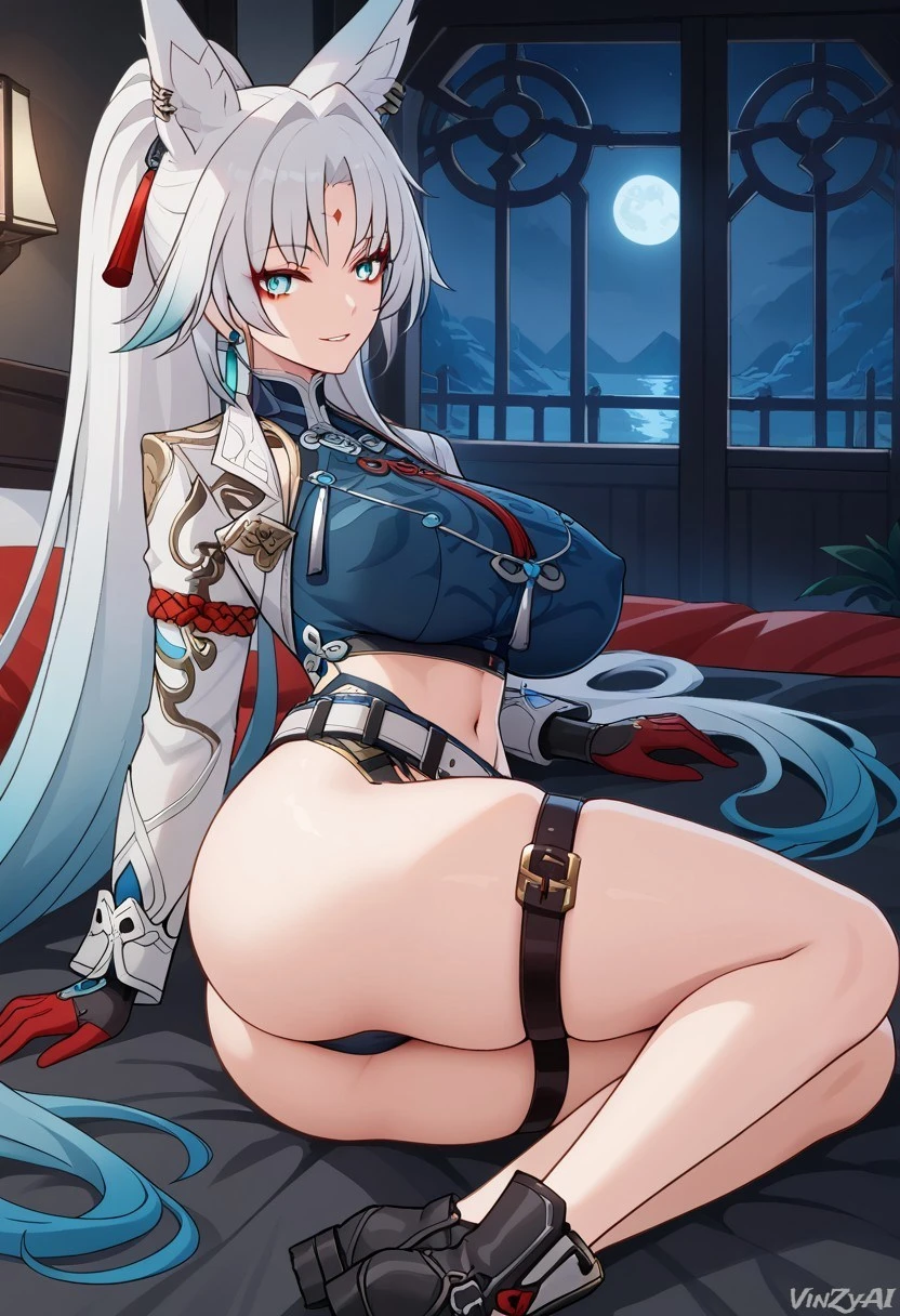 vinzyai, honkai: star rail, feixiao (honkai: star rail), big breasts, breasts, cleavage, cowboy shot, female, huge breasts, long hair, ponytail, thick thighs, thighs, white hair, ai generated, hi res