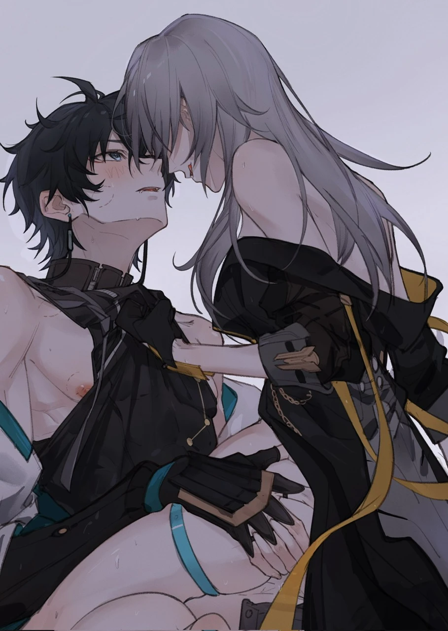 aoma (xuanzexuexi), honkai: star rail, dan heng, stelle (honkai: star rail), 1boy1girl, ass grab, black hair, grey hair, love bite, lust, male nipples, straight, teasing