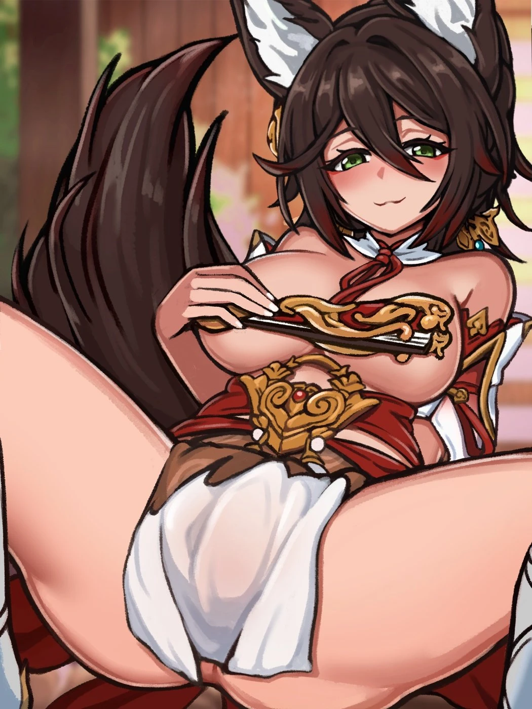 honkai: star rail, tingyun (honkai: star rail), big breasts, black hair, blush, female, fox ears, fox tail, fox tails, green eyes, kitsune, multiple tails, thighs