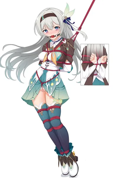 meitoku, honkai (series), honkai: star rail, firefly (honkai: star rail), aqua skirt, aqua thighhighs, arms behind back, ball gag, black hairband, black jacket, blush, bondage, bound, bound ankles, bound arms, bound legs, bound torso, bound wrists, breasts, clothes lift, crotch rope, crying, crying with eyes open, female, gag, gagged, grey hair, hair between eyes, hair intakes, hair ornament, hairband, jacket, long hair, long sleeves, looking at viewer, medium breasts, multicolored eyes, multiple views, neckerchief, open mouth, orange neckerchief, pussy juice, red rope, restrained, rope, shibari over clothes, shirt, skirt, skirt lift, solo, standing restraints, tears, thighhighs, two-tone eyes, upright restraints, white shirt, wiffle gag, absurdres, commission, highres, pixiv commission