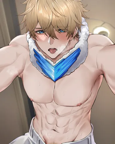 asaifrit, honkai: star rail, gepard (honkai: star rail), 1boy, abs, blonde hair, blush, happy trail, in heat, looking at viewer, male, male focus, male only, muscular, muscular male, pubic hair, shirtless, shirtless male, sweat, sweating, tongue out, viewer pov, yaoi