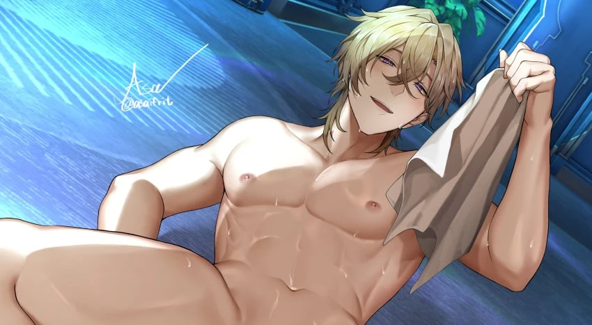 asaifrit, honkai: star rail, aventurine (honkai: star rail), 1boy, blonde hair, blush, gay, nude, towel, water drop, yaoi, cropped