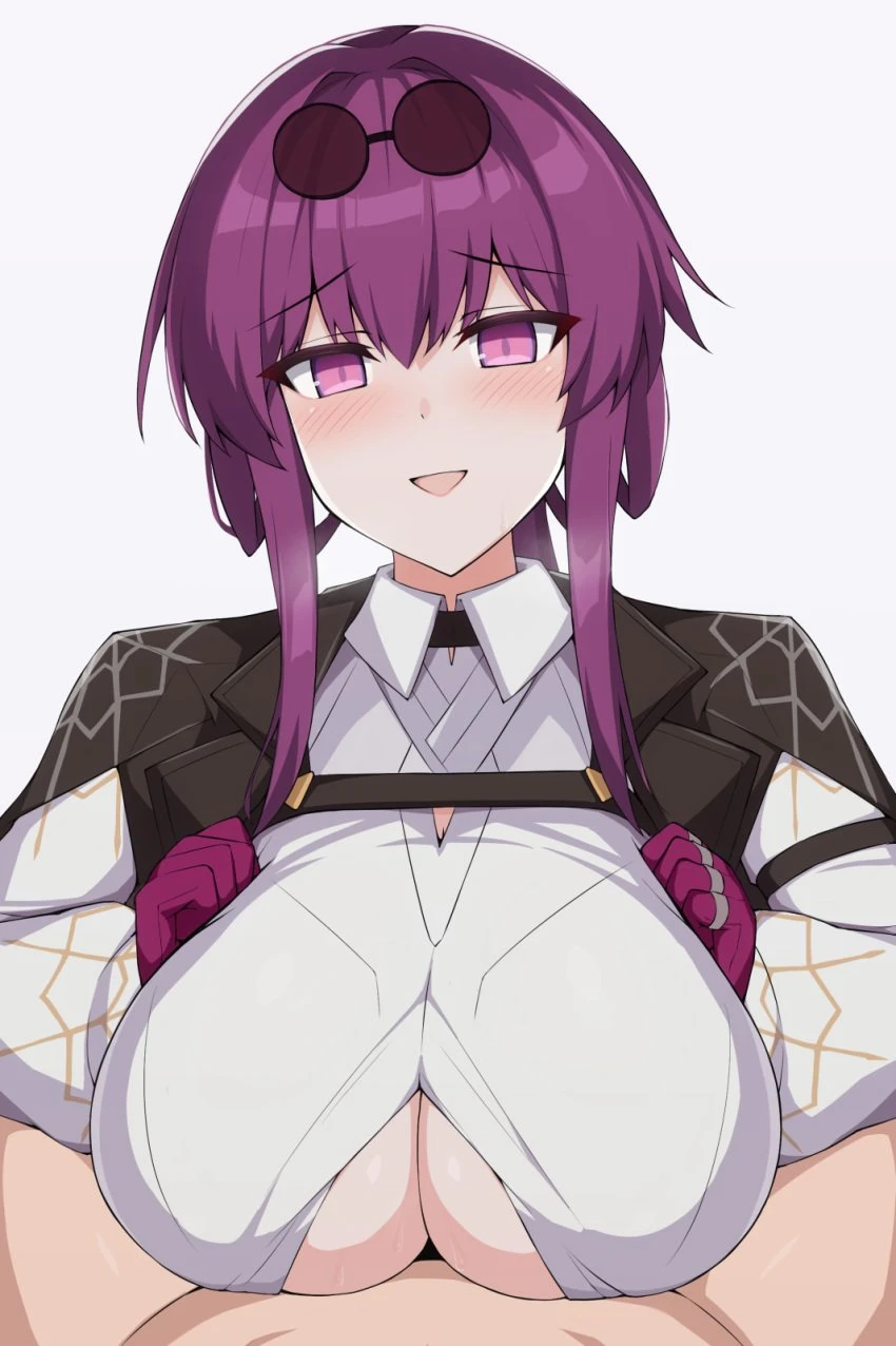 toyo (c8), honkai (series), honkai: star rail, kafka (honkai: star rail), 1boy, blush, breast press, breasts, cleavage, eyewear on head, female, gloves, large breasts, looking down, open mouth, paizuri, paizuri under clothes, purple eyes, purple gloves, purple hair, shirt, straight, sunglasses, underboob, white background, white shirt, highres