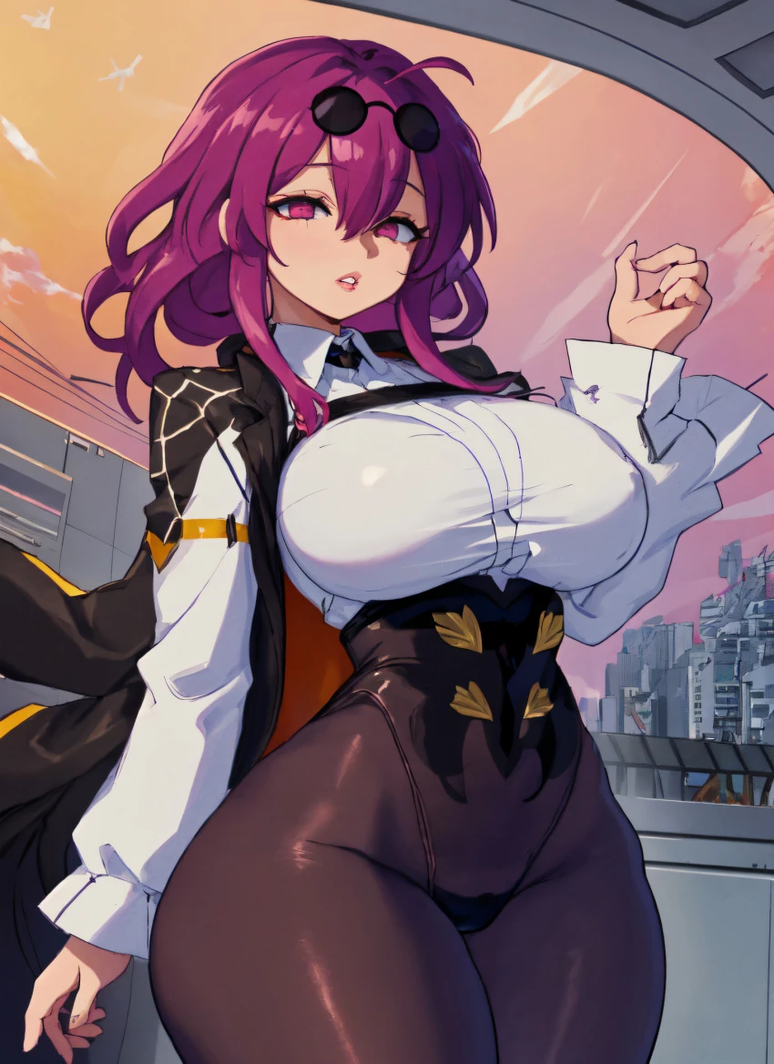 mabi ai, honkai (series), honkai: star rail, kafka (honkai: star rail), 1girls, big breasts, cowboy shot, curvy, glasses on head, large breasts, pantyhose, parted lips, red eyes, red hair, slender waist, thick thighs, wide hips, ai generated, hi res