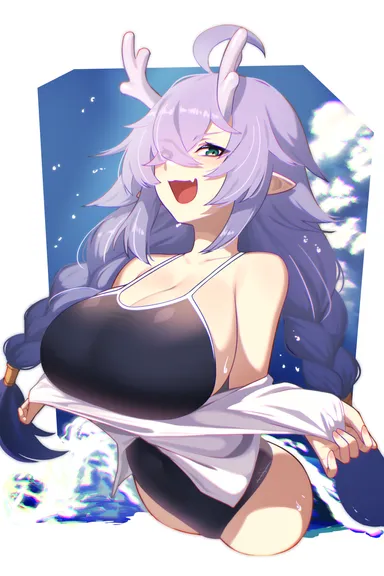 dev (dev0614), honkai (series), honkai: star rail, bailu (honkai: star rail), 1girls, ahoge, alternate breast size, black one-piece swimsuit, braid, breasts, cleavage, cropped legs, crossed bangs, cute fang, dragon girl, dragon horns, eyes visible through hair, female, green eyes, hair over one eye, horns, huge breasts, light skin, light-skinned female, long hair, looking at viewer, oerba yun fang, one-piece swimsuit, open clothes, open mouth, open shirt, pointy ears, purple hair, purple horns, shirt, skin fang, solo, swimsuit, swimsuit under clothes, twin braids, very long hair, white shirt, highres