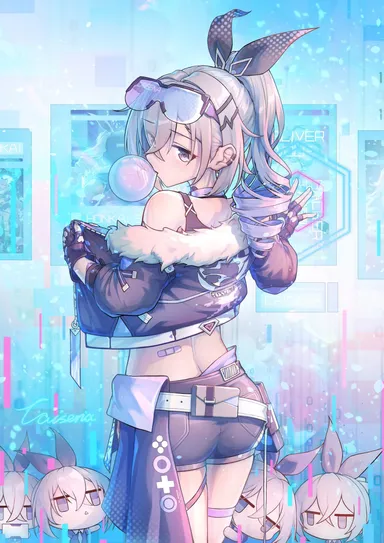 caisena, honkai (series), honkai: star rail, silver wolf (honkai: star rail), 5girls, ass, bare shoulders, brown eyes, bubble blowing, chewing gum, clone, drill hair, eyewear on head, female, female only, fingerless gloves, from behind, gloves, grey hair, hair ribbon, jacket, long hair, looking at viewer, looking back, multiple girls, ponytail, ribbon, short shorts, shorts, showgirl skirt, sunglasses on head, thigh strap, highres