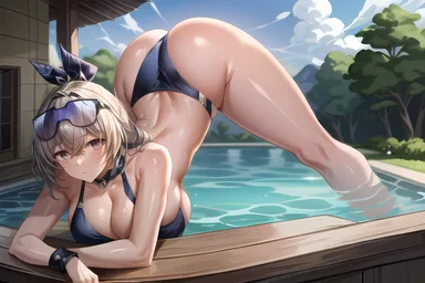 edosynf, honkai (series), honkai: star rail, silver wolf (honkai: star rail), alluring, ass, bangs, bath, bikini, breasts, cleavage, closed mouth, eyewear on head, female, grey hair, jack-o' challenge, large breasts, looking at viewer, outdoors, pool, silver hair, solo, sunglasses, swimsuit, ai generated, highres, jack-o pose