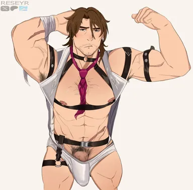 reseyr, honkai (series), honkai: star rail, gallagher (honkai: star rail), 1boy, abs, armpit hair, armpits, blush, bulge, chest hair, flexing arms, male, male only, muscular, muscular male, nipples, solo, solo male, underwear, underwear bulge, veiny penis