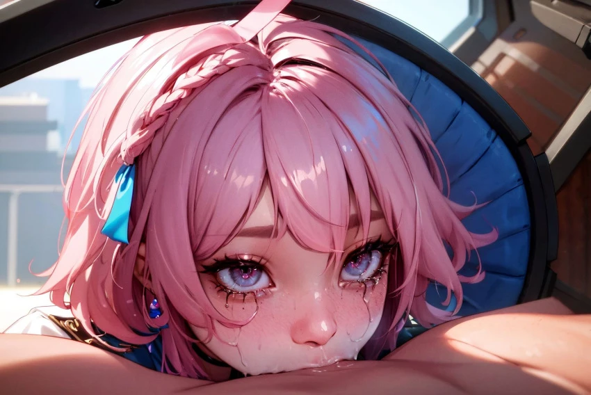 fluffymammoth, honkai: star rail, march 7th (honkai: star rail), 1girls, bangs, blush, braid, deepthroat, earrings, fellatio, female, jewelry, oral, pink hair, pov, saliva, short hair, solo, straight, tears, ai generated