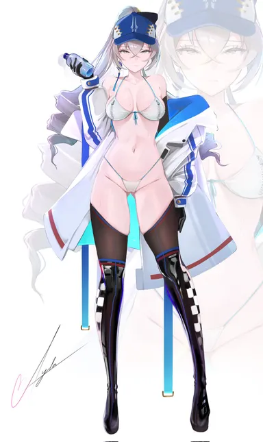 anna (80973911), honkai: star rail, bronya rand, 1girls, ass visible through thighs, baseball cap, bikini, blue hat, boots, bottle, breast zipper, breasts, brown legwear, checkered clothes, checkered legwear, drill hair, earrings, female, grey eyes, grey hair, hair between eyes, hat, jacket, jacket partially removed, light skin, light-skinned female, long hair, looking at viewer, medium breasts, navel, ponytail, solo, standing, thighhighs, thighs, white background, white bikini, white jacket, zipper, zipper bikini, signature, zoom layer