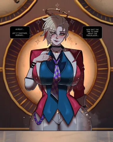 itzaysel, honkai (series), honkai: star rail, npc, siobhan (honkai: star rail), big breasts, blonde hair, blue eyes, breasts, clothing, drunk, short hair, thick thighs, thighs