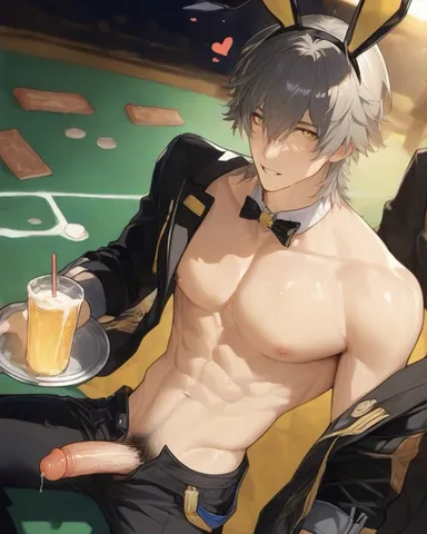 honkai: star rail, caelus (honkai: star rail), abs, chest, nipples, open shirt, penis out, stipper pole, waiter, ai generated