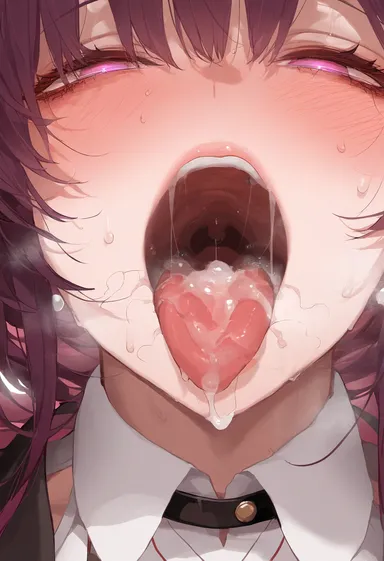 miurai, honkai: star rail, hoyoverse, kafka (honkai: star rail), after fellatio, after oral, choker, cum, cum in mouth, cum inside, female, looking at viewer, purple hair, stray pubic hair, tongue, tongue focus, tongue out, ai generated