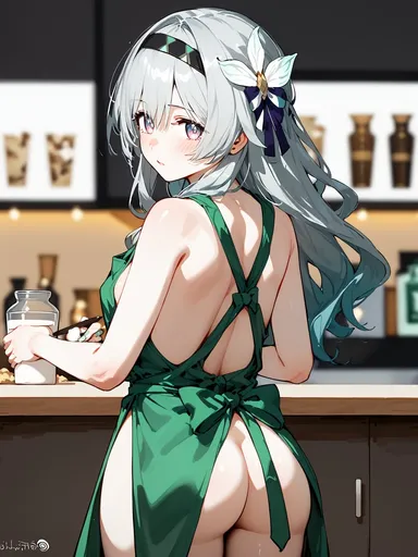 snowy yukino, honkai: star rail, hoyoverse, starbucks, firefly (honkai: star rail), areola slip, ass, ass focus, blush, from behind, implied lactation, naked apron, ai generated