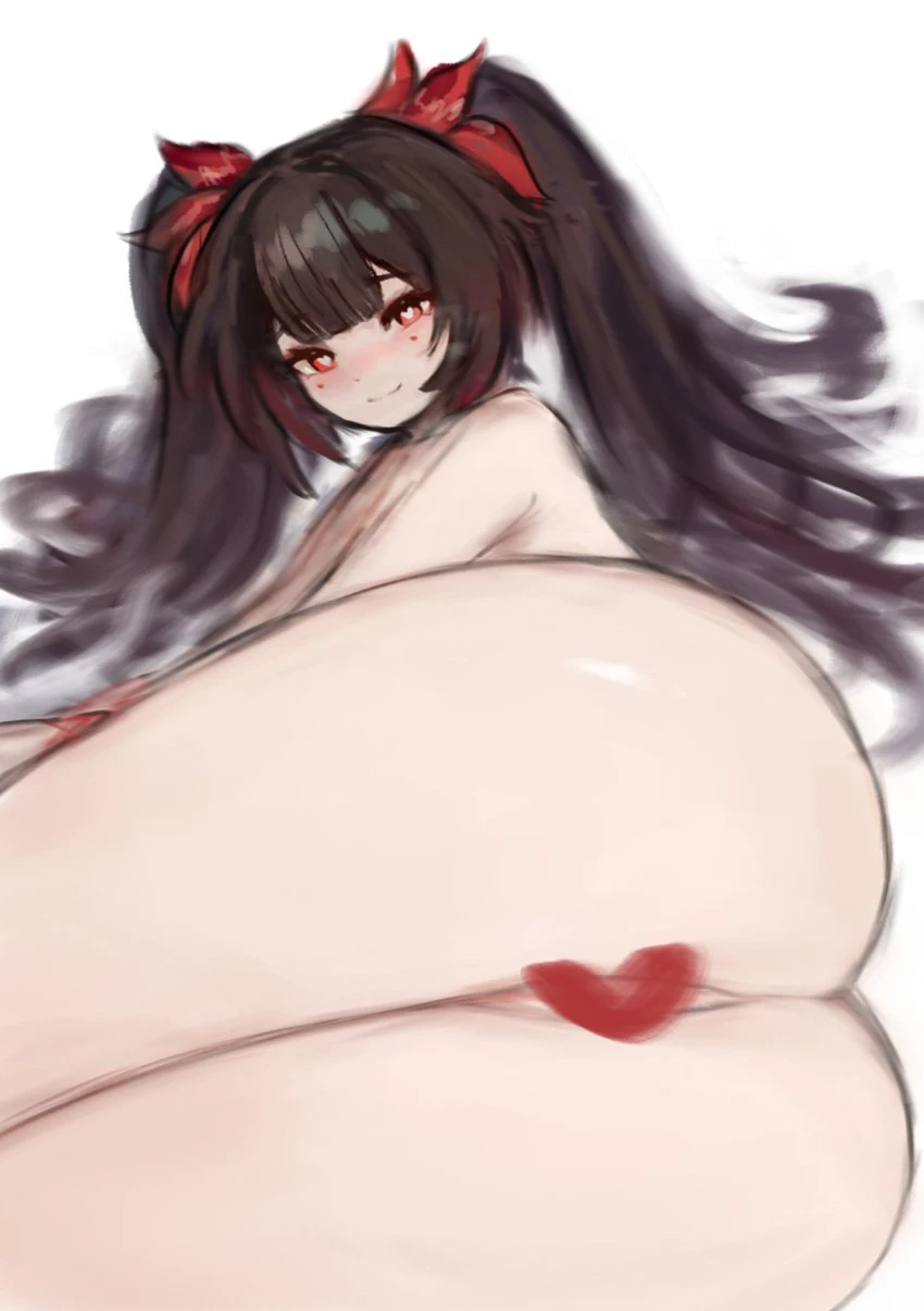 honkai (series), honkai: star rail, sparkle (honkai: star rail), 1girls, ass, ass focus, big butt, blush, brown hair, heart-shaped pupils, looking at viewer, lying down, lying on side, nude, nude female, pussy, twintails, censored pussy, heart censor