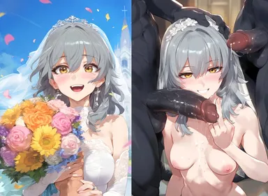 lewdqueen, honkai (series), honkai: star rail, stelle (honkai: star rail), trailblazer (honkai: star rail), 1girls, 3boys, blush, cheating, cock worship, dark-skinned male, female, interracial, looking at viewer, netorare, ntr, smile, wedding dress, wedding veil, ai generated, tagme