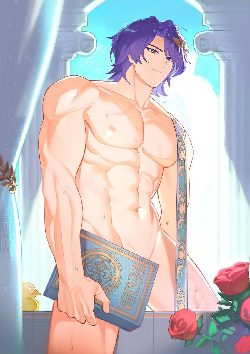 honkai: star rail, dr. ratio (honkai: star rail), abs, arms, big pecs, chest, completely nude, large pectorals, male, male chest, male focus, male only, muscles, muscular, muscular male, nipples, nude male, pecs, pectorals, purple hair, smile, solo, solo focus, solo male, thick thighs, no visible genitalia