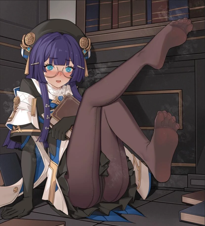 xssh, honkai (series), honkai: star rail, pela (honkai: star rail), 1girls, ankles, blue eyes, blush, blushing profusely, book, feet, feet fetish, feet focus, feet in stockings, feet up, female, foot fetish, glasses, leaning back, leaning on hand, leggings, legs, legs up, light blue eyes, long hair, musk, musk clouds, panties, pantyhose, purple hair, sitting, skirt, skirt up, stockings, sweat, thighs, toes, high resolution, highres