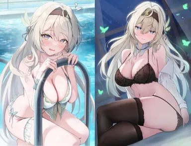 honkai (series), honkai: star rail, firefly (honkai: star rail), bikini, blue eyes, blush, bra, breasts, cleavage, crossed legs, curvy, female, female only, grey hair, large breasts, lingerie, long hair, looking at viewer, panties, panty pull, pool, seductive, thighhighs, two tone hair