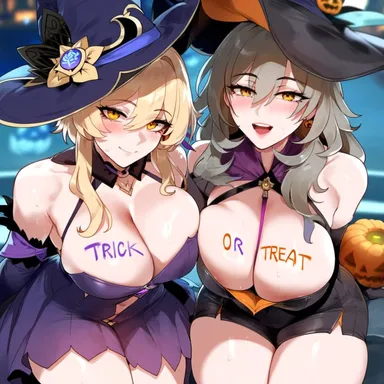 depressu, genshin impact, halloween, honkai (series), honkai: star rail, hoyoverse, mihoyo, lumine (genshin impact), stelle (honkai: star rail), 2girls, bangs, bare shoulders, blonde hair, blush, body writing, breasts, candy, cleavage, dress, eyebrows visible through hair, halloween costume, hat, huge breasts, jack-o'-lantern, large breasts, leaning forward, light skin, light-skinned female, long hair, looking at viewer, multiple girls, open mouth, pumpkin, shorts, smile, sweat, thighhighs, trick or treat, witch, witch hat, yellow eyes, ai generated