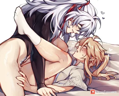 akaihimi, honkai (series), honkai: star rail, jing yuan, yanqing (honkai: star rail), 2boys, ahoge, anal, androgynous, bed, black shirt, blonde hair, blush, heart, long hair, lying, multiple boys, on back, open mouth, ponytail, saliva, saliva trail, shirt, socks, white hair, white shirt, white socks, yaoi, yellow eyes, absurdres, highres