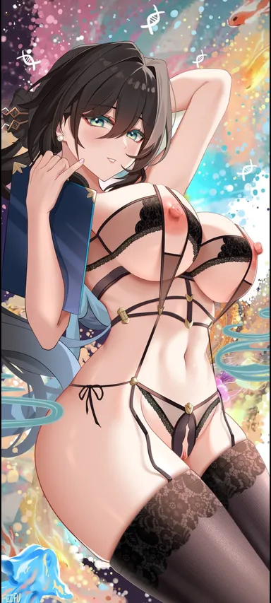 feifu, honkai (series), honkai: star rail, ruan mei (honkai: star rail), aqua eyes, arm up, black bra, black hair, black panties, black thighhighs, bra, breasts, commentary request, cowboy shot, female, hair intakes, hand up, holding, large breasts, lingerie, long hair, looking at viewer, navel, nipples, panties, parted lips, pussy, side-tie panties, solo, stomach, thighhighs, thighs, underwear, absurdres, highres, uncensored, variant set