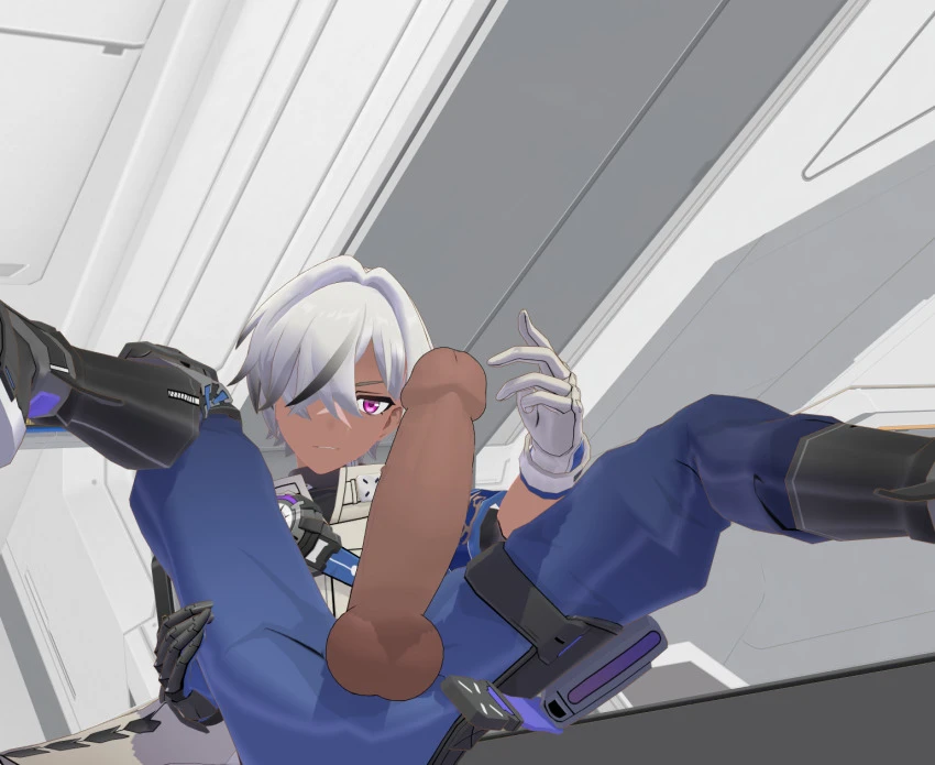 original, arlan (honkai: star rail), boots, dark skin, erection, gloves, male focus, one eye covered, scar, scar on face, smile, white hair, non-web source