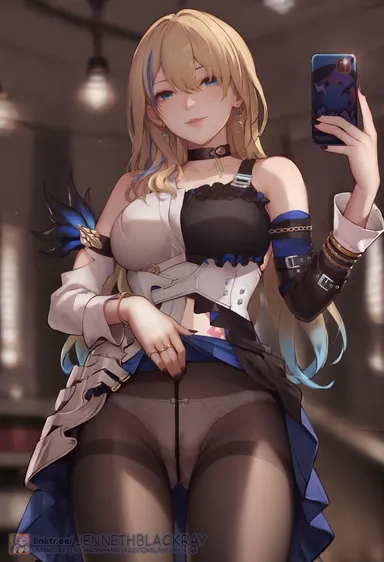 jenneth blackray, honkai: star rail, serval landau, bangs, bare shoulders, black choker, black legwear, black nails, black pantyhose, blonde hair, blue eyes, blue hair, blue skirt, blurry, blush, bow, breasts, cellphone, choker, clothes lift, clothes pull, clothing, crotch seam, detached sleeves, dress, dress lift, dress pull, earrings, female, frills, hair between eyes, holding, holding object, holding phone, indoors, jewelry, large breasts, legwear, lifted by self, lips, long hair, long sleeves, looking at viewer, medium breasts, multicolored hair, nail polish, panties under pantyhose, pantsu, pantyhose, parted lips, phone, presenting, presenting hindquarters, presenting panties, ring, self shot, selfie, serval (honkai: star rail), shirt, skirt, skirt lift, skirt pull, smartphone, smile, solo, streaked hair, thigh gap, thighband pantyhose, thighs, underwear, white panties, white shirt, white underwear, ai generated, ai-created, blurry background, high resolution, stable diffusion, very high resolution